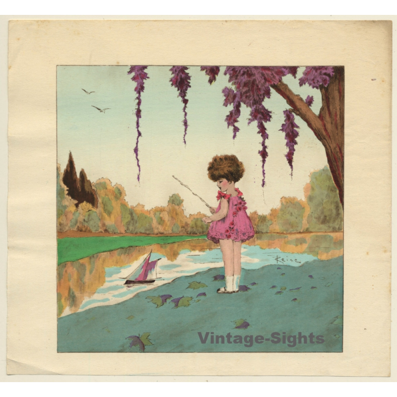 Reine: Little Girl Playing With Sailing Ship (Vintage Art Nouveau Print ~1920s/1930s) Reine: Little Girl Playing With Sailing Ship (Vintage Art Nouveau Print ~1920s/1930s)