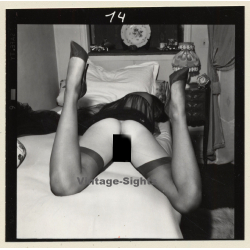 Rear View: Slim Semi Nude Lolls On Bed*2 / Butt (Vintage Contact Sheet Photo 1970s)