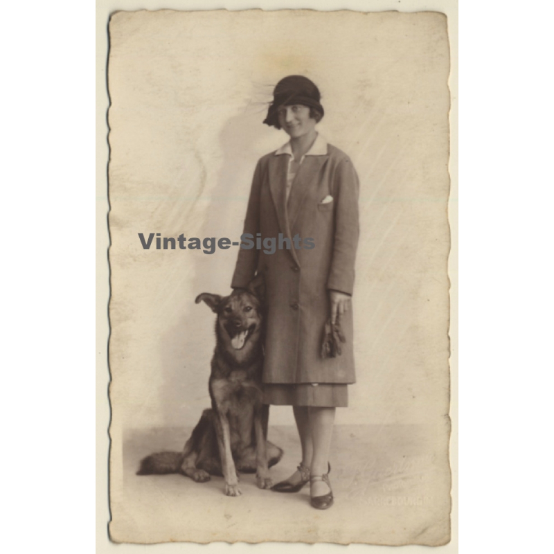 Stylish French Lady With German Shepherd (Vintage RPPC ~1910s/1920s)