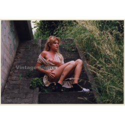 Slim Semi Nude Flashes Boob Outdoors / Legs (Vintage Photo Germany ~1990s)
