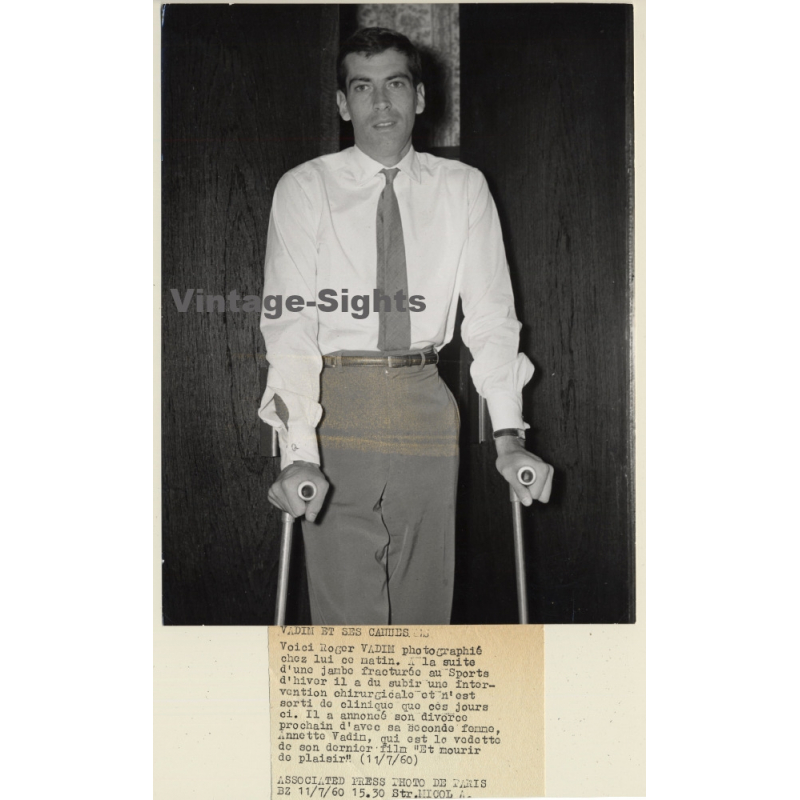Roger Vadim On Crutches After Ski Accident (Vintage Press Photo 1960)