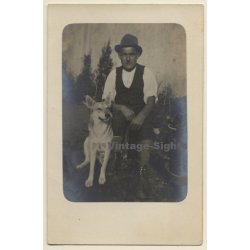 Man In Bavarian Costume With Shepherd Dog (Vintage RPPC ~1920s/1930s)