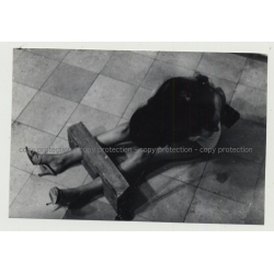 Darkhaired Woman On Floor / Feet In Stock (Vintage Photo B/W BDSM 1964)