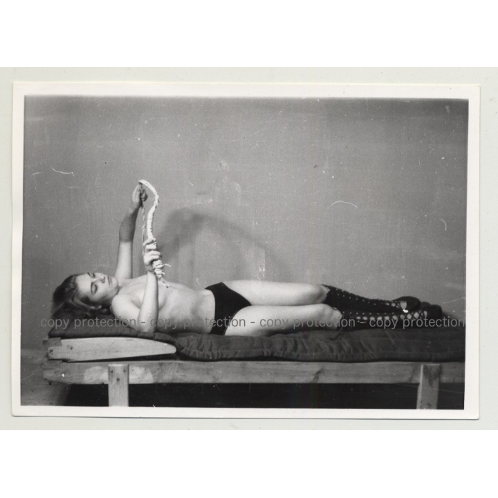 Topless Blonde On Rack Inspects Whip - Lacquer Boots (Vintage Photo B/W BDSM 1964)