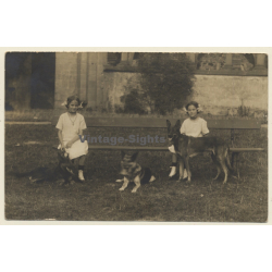 2 Young Girls On Bench With 3 German Shepherd Dogs (Vintage...