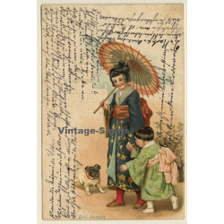 Geisha With Daughter & Pug / Kimono - Mops - Dog (Vintage PC 1901)