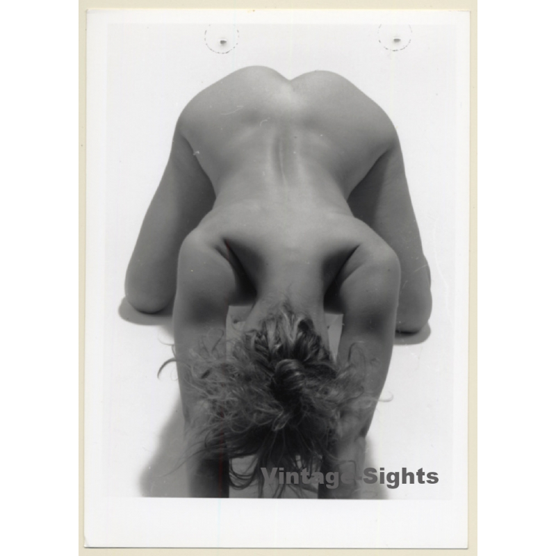 Artistic Nude Study: Slim Blonde Kneeling*2 / Back (Vintage Photo France B/W ~1980s)