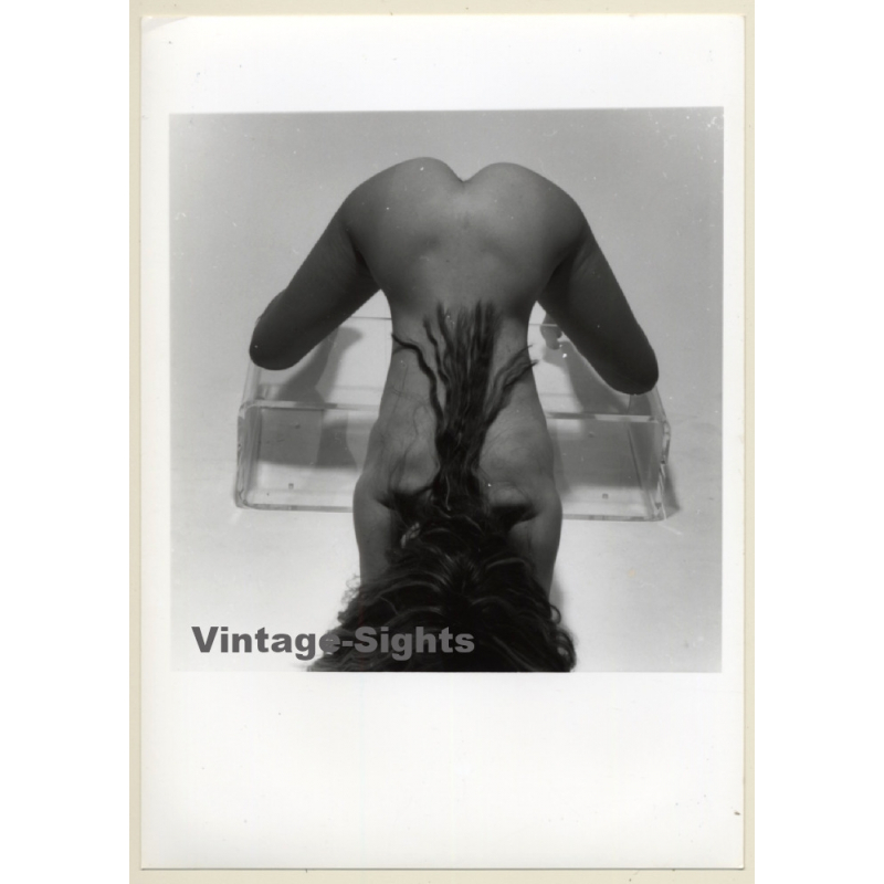 Artistic Nude Study: Longhaired Blonde On Plexiglass Table*2 (Vintage Photo France B/W ~1980s)
