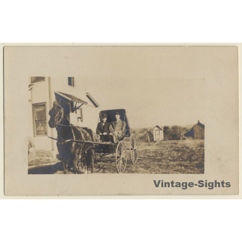 2 Men On Four Wheeled One Horse Carriage (Vintage RPPC ~1910s/1920s)