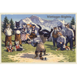 Katzen beim Schwingen - Hosenlupf / Schweizer Nationalsport  (Vintage PC 1935)