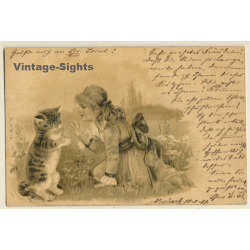 W.N.B. 12: Little Girl Plays With Cat (Vintage Artist PC 1901)