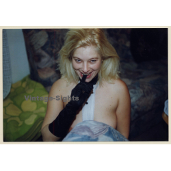 Cheeky Blonde Nude With Black Gloves (Vintage Photo ~1990s)