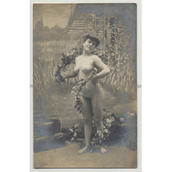 Small French Nude W. Floral Wreath (Vintage RPPC Gelatine Silver 1902)