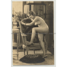 Sweet French Nude Poses On Basket Chair (Vintage RPPC Gelatine Silver ~1910s/1920s)