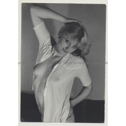 Blonde Nude In Unbottoned Blouse Stretches Out (Vintage Photo DDR B/W)