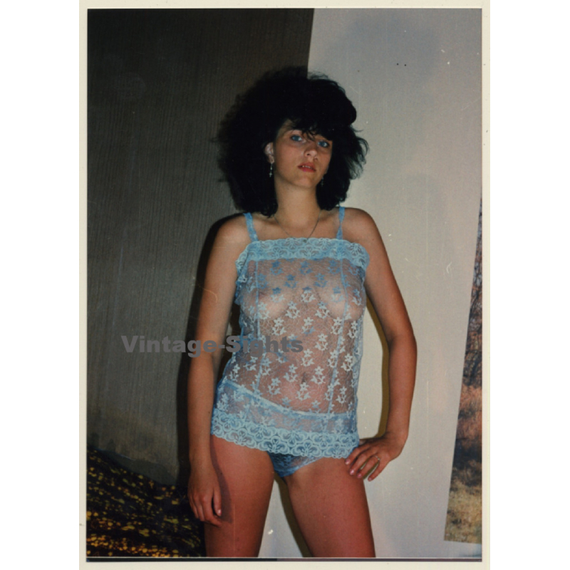 Darkhaired Semi Nude In Blue Transparent Negligee (Vintage Photo ~1990s)