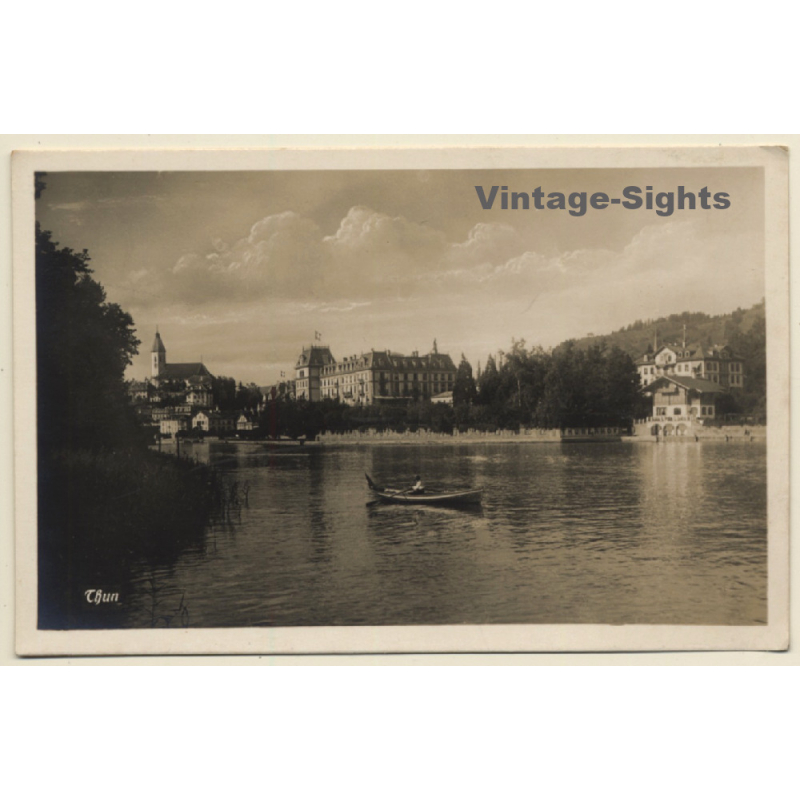 Thun / Switzerland: Rowing Boat - Aare - Town View (Vintage RPPC ~1920s/1930s)