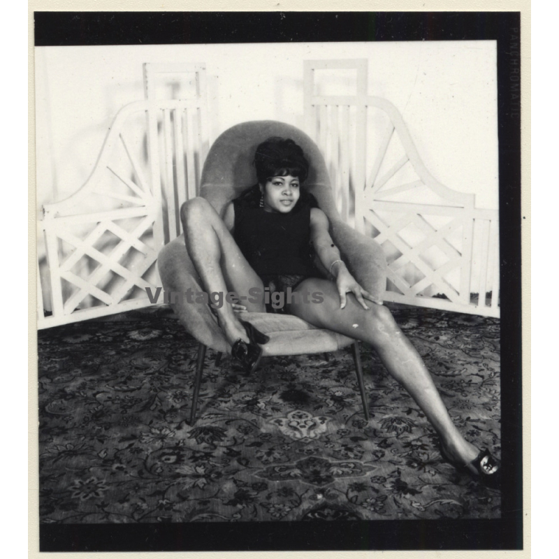 Semi Nude Dark-Skinned Female In Design Tulip Chair*1 (Vintage Contact Sheet Photo 1970s)