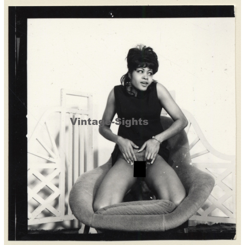 Semi Nude Dark-Skinned Female In Design Tulip Chair*7 (Vintage Contact Sheet Photo 1970s)