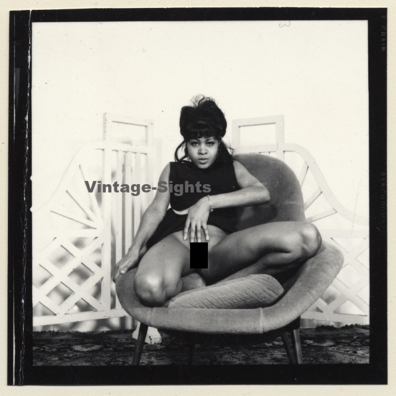 Semi Nude Dark-Skinned Female In Design Tulip Chair*10 (Vintage Contact Sheet Photo 1970s)