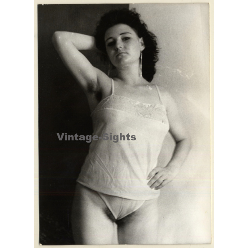 Semi Nude Darkhaired Female In White Lingerie (Vintage Photo GDR ~1980s)