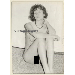 Slim Brunette Nude Sitting On Floor / Eyes (Vintage Photo GDR ~1980s)