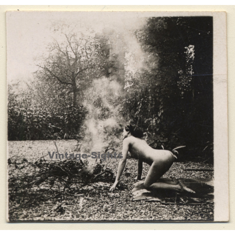 Nude Kneeling Near Fire In Garden*2 / Trees (Vintage Gelatin Silver Photo ~1920s/1930s)