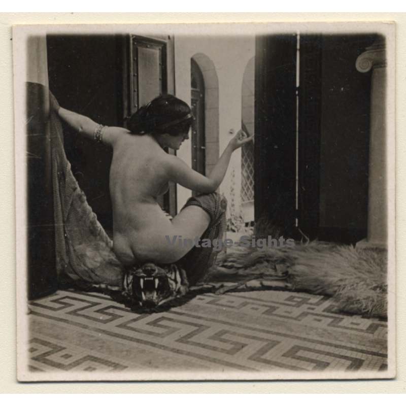 Rear View: Kneeling Nude With Cloth / Art Deco Tiles (Vintage Gelatin Silver Photo ~1920s/1930s)