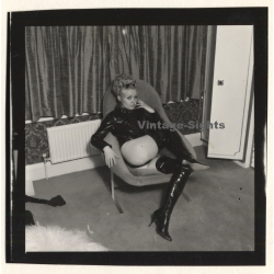 Racy Blonde Semi Nude In Designer Chair / Lacquer Outfit (Vintage Contact Sheet Photo 1970s/1980s)