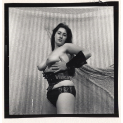 Topless Darkhaired Female In Fetish Lingerie (Vintage Contact Sheet Photo 1970s/1980s)
