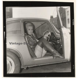 Racy Blonde In Porsche 911 Flashing Legs / High Boots (Vintage Contact Sheet Photo 1970s/1980s)