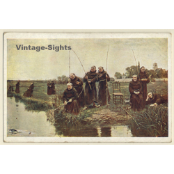 W.D.Sadler: Group Of Monks Fishing (Vintage Artist PC 1910s)