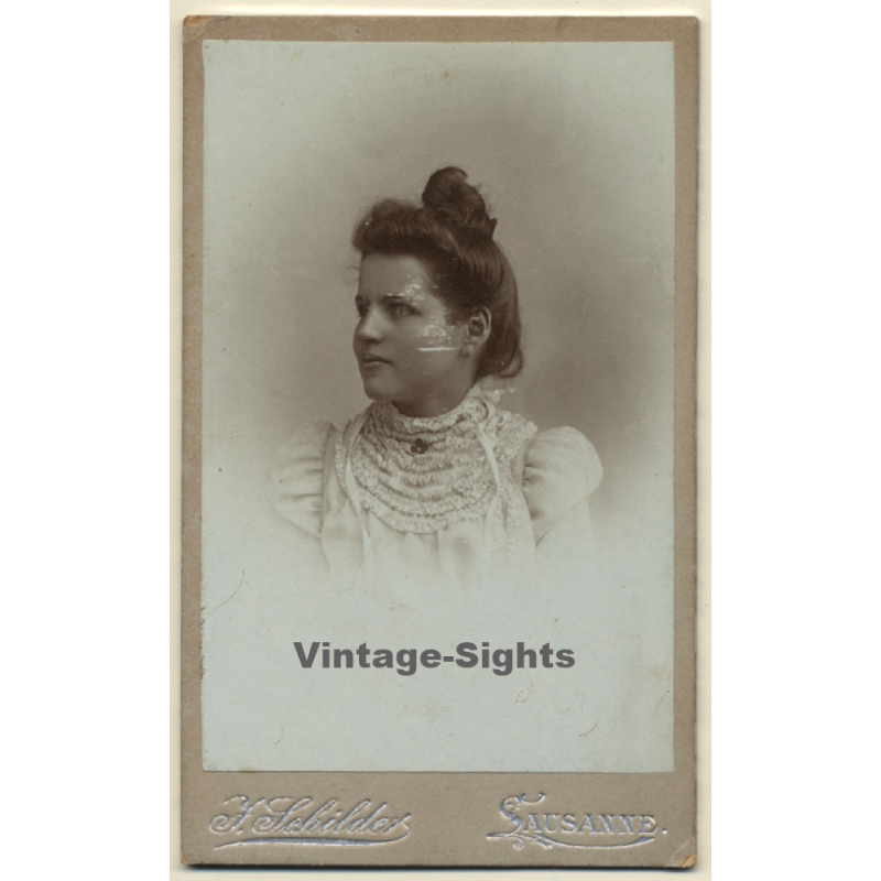 J.Schilder / Lausanne: Pretty Young Woman Wearing Victorian Blouse*2 (Vintage Carte De Visite / CDV ~1890s)