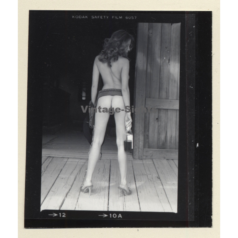 Nude Blonde Cowgirl On Porch Of Saloon*2 / Butt - Revolver (Vintage Contact Sheet Photo 1970s)
