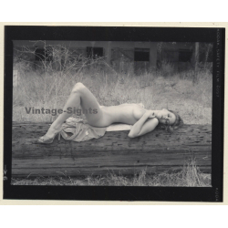 Natural Blonde Nude Relaxes On Wood Log*1 / Boobs (Vintage Contact Sheet Photo 1970s)