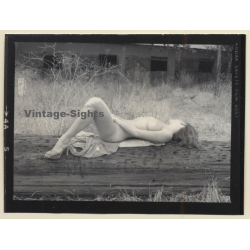 Natural Blonde Nude Relaxes On Wood Log*2 / Boobs (Vintage Contact Sheet Photo 1970s)