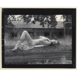 Natural Blonde Nude Relaxes On Wood Log*3 / Boobs (Vintage Contact Sheet Photo 1970s)