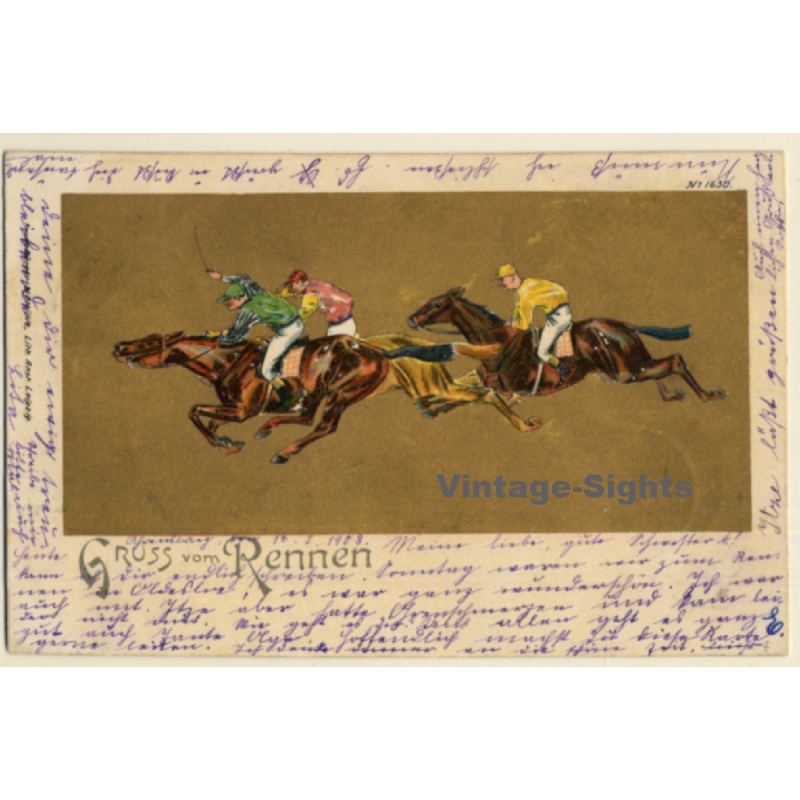 Gruss Vom Rennen / Jockeys - Pferde Im Galopp (Vintage PC 1903)