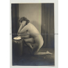Chubby Nude Kneels In Front Of Ceramic Vase (Vintage Photo PC ~1940s/50s)