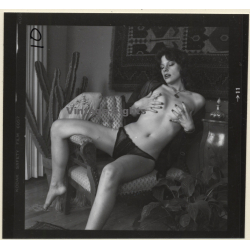 Pretty Darkhaired Semi Nude In Black Lingerie*3 / Boobs (Vintage Contact Sheet Photo 1970s)
