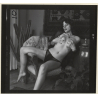 Pretty Darkhaired Semi Nude In Black Lingerie*3 / Boobs (Vintage Contact Sheet Photo 1970s)