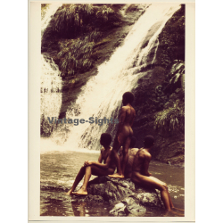 Nude Indigenous Men On Rock Near Waterfall (Vintage Photo WOLFGANG KLEIN 1980s ~DIN A3)