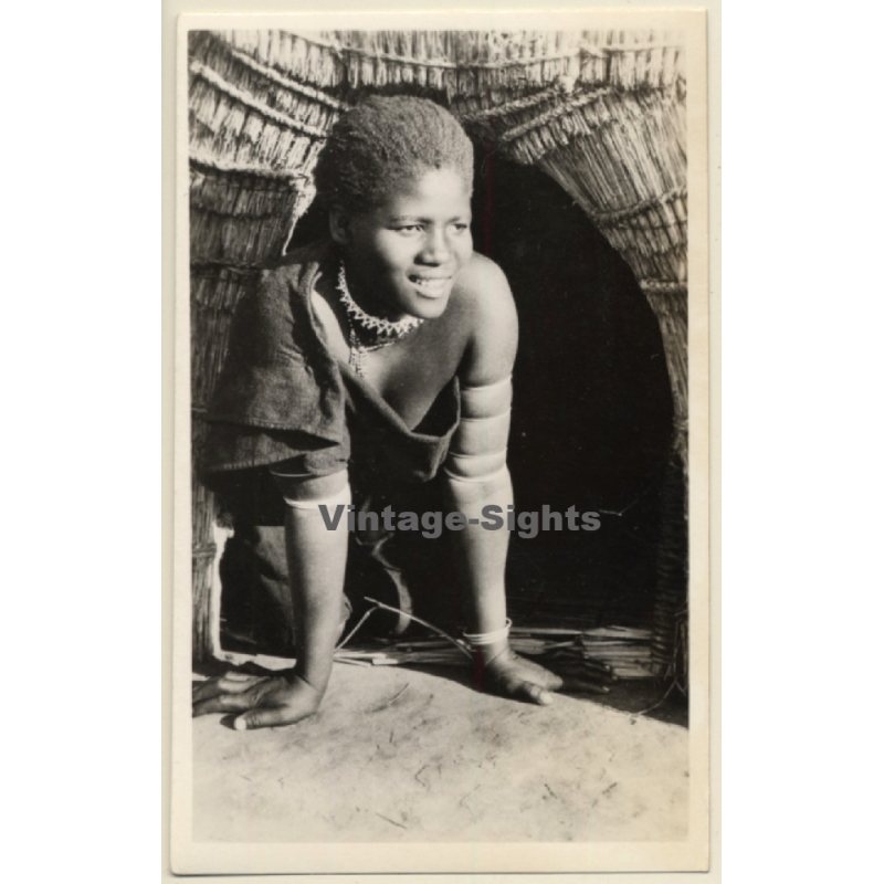 Africa: Young Native Woman Looking Out Of Straw Hat / Ethnic (Vintage RPPC ~1920s/1930s)