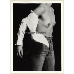 Artistic Nude Study: Slim Topless Female In Jeans (Vintage Photo France B/W ~1980s)
