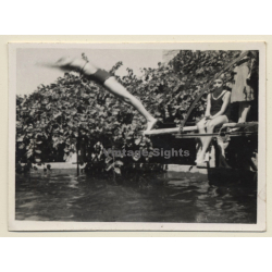 Snapshot: Girl Jumps From Diving Board In Pool (Vintage Photo ~1940s)