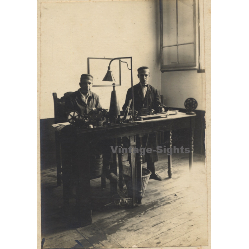 2 Telegraphists Behind Desk With Morse Telegraph (Vintage Photo ~1910s/1920s)