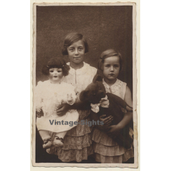 2 Girl Sisters With Teddy Bear & Doll / Haircut (Vintage RPPC 1929)