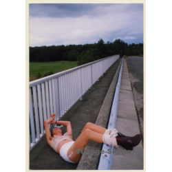 Slim Semi Nude Maid Tied To Autobahn Bridge / Bondage - BDSM (Vintage Photo ~1980s)