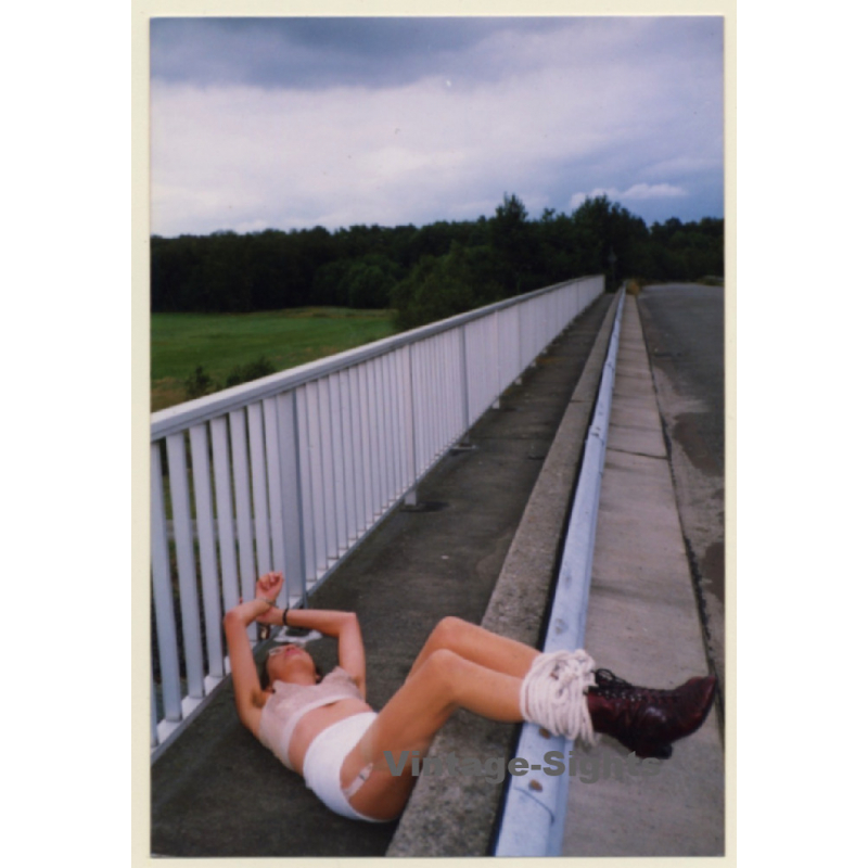 Slim Semi Nude Maid Tied To Autobahn Bridge / Bondage - BDSM (Vintage Photo ~1980s)