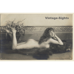 Longhaired Nude Female Lingers On Bearskin (Vintage RPPC 1910s)
